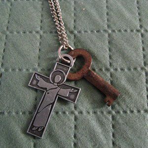 Crucifix & Eagle Lock Skeleton Key Vintage Necklace